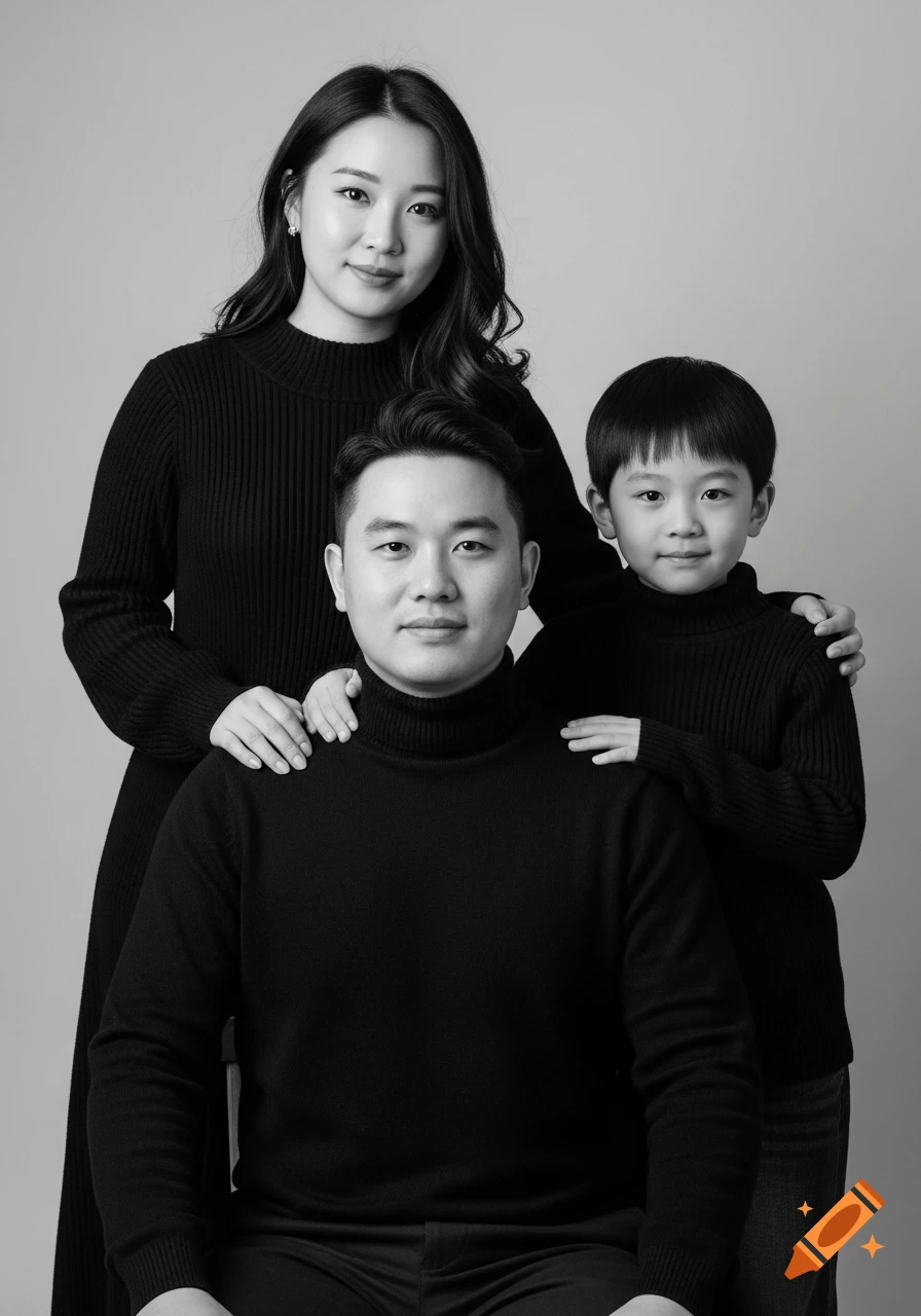 Photorealistic black and white portrait of an Asian family: a man seated, a woman standing behind him, and a boy standing beside them, all wearing black turtlenecks.