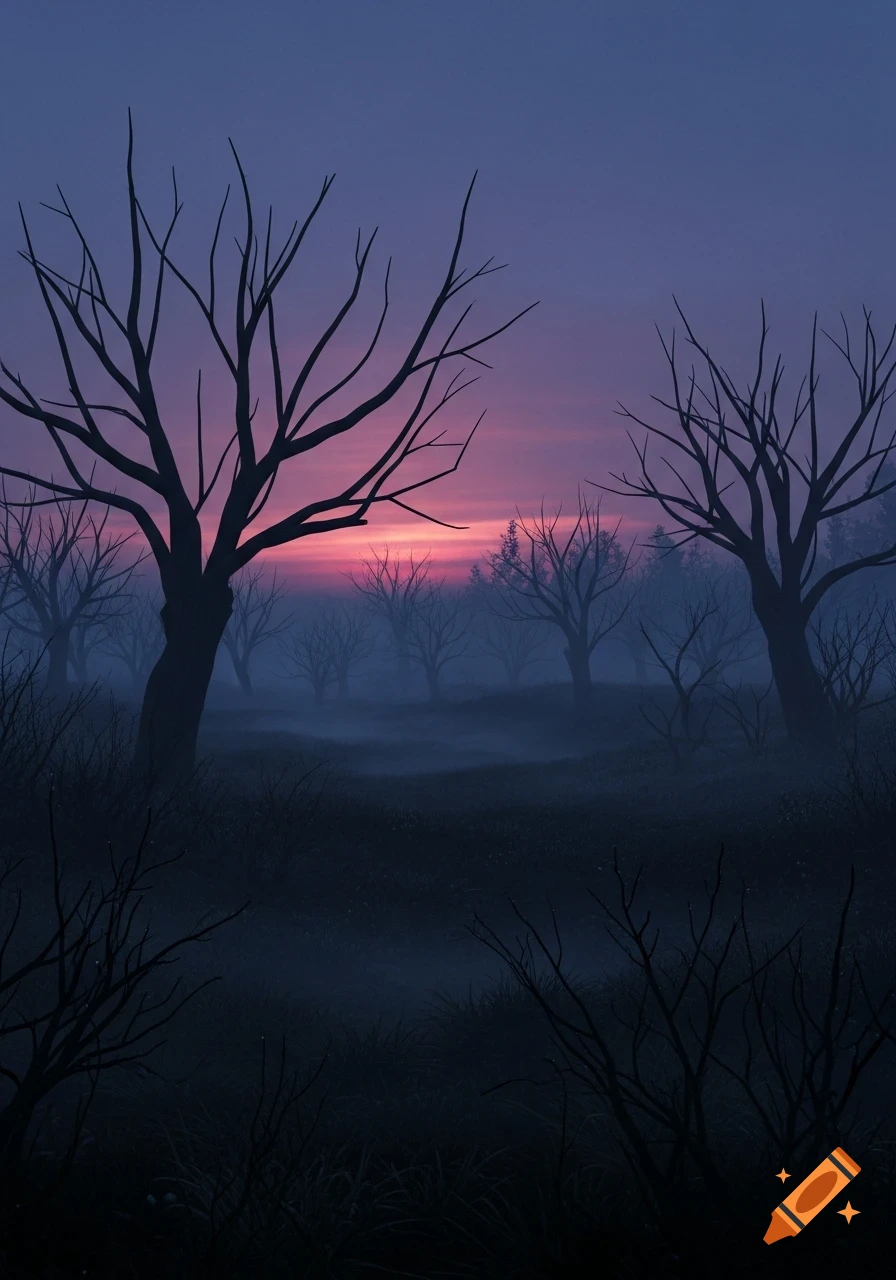 Dark silhouette of bare trees in a misty forest at dawn under a purple and pink sky.
