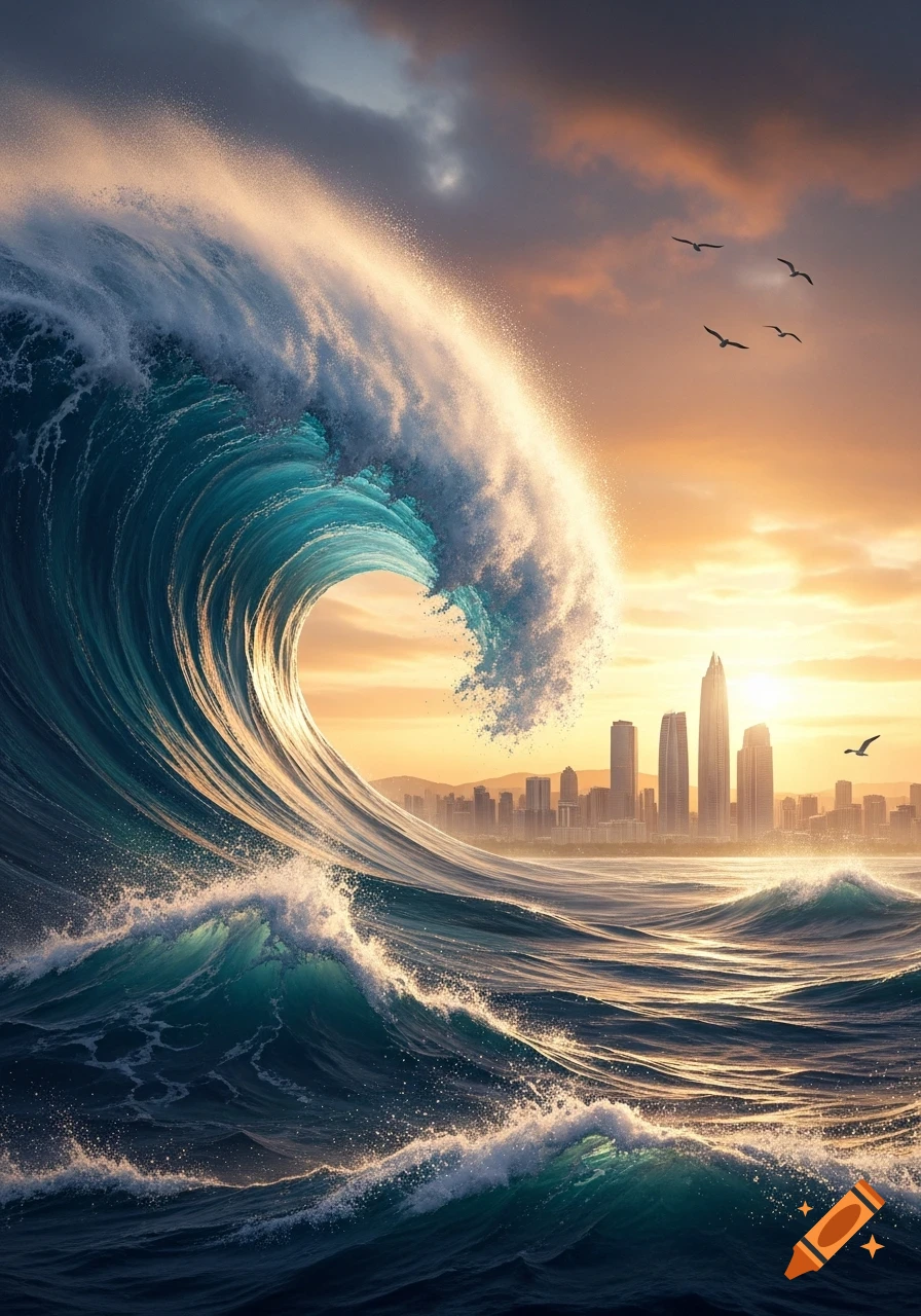 A massive, curling ocean wave with white spray crests towards a distant city skyline under a dramatic sunset sky.