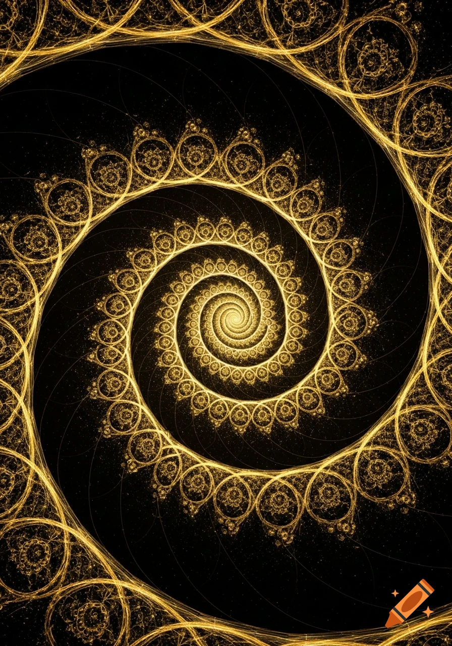 A golden fractal spiral pattern against a black background.