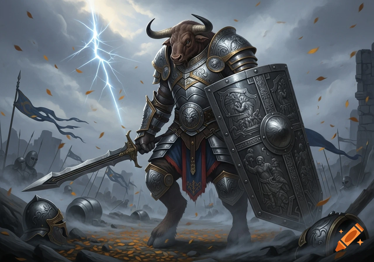 A powerful Minotaur in shining full plate armor wields a sword and a large tower shield on a battlefield, with lightning striking in the stormy sky.