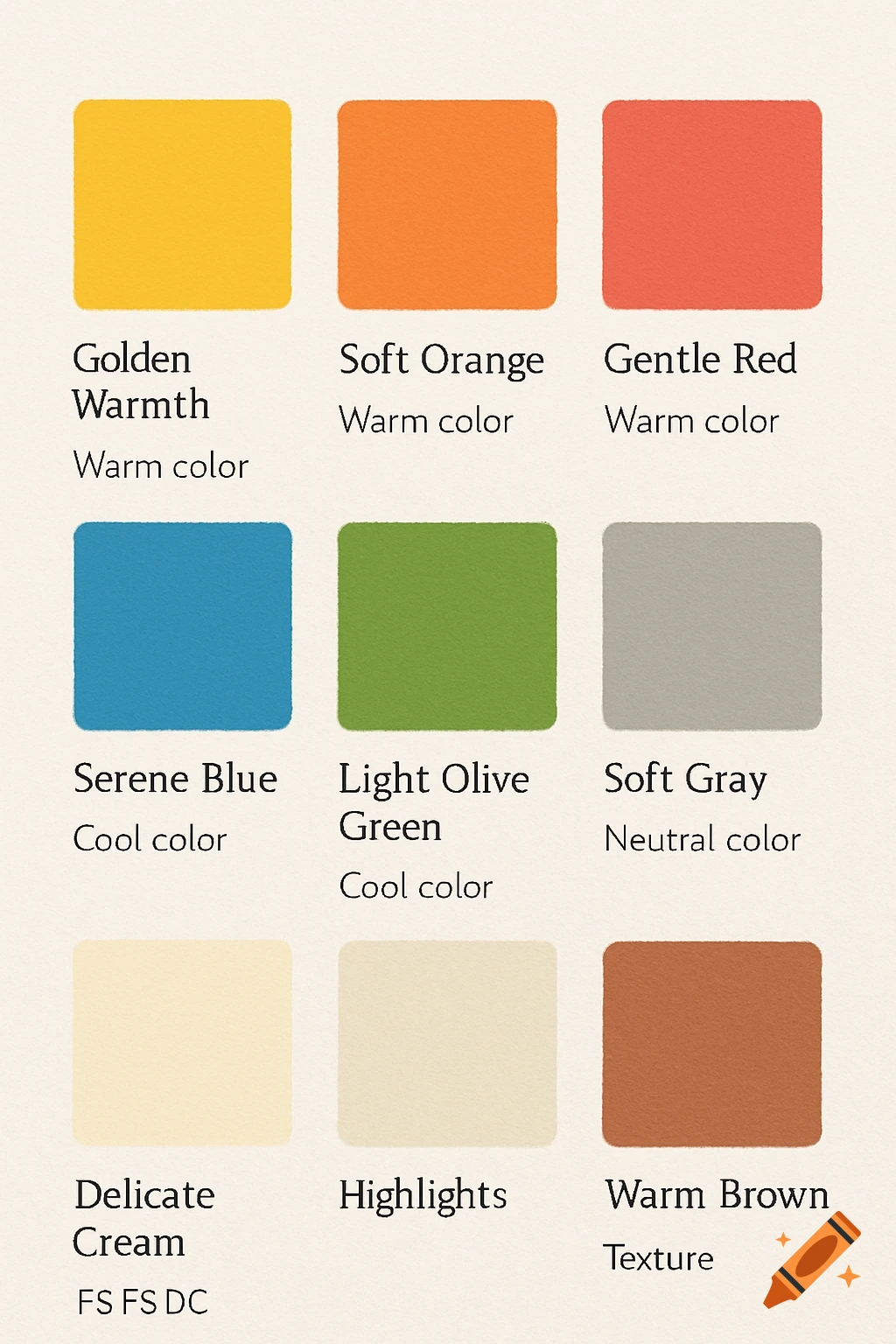 A color palette chart with nine square swatches. Each swatch has a name and description below it, such as "Golden Warmth Warm color" and "Serene Blue Cool color".