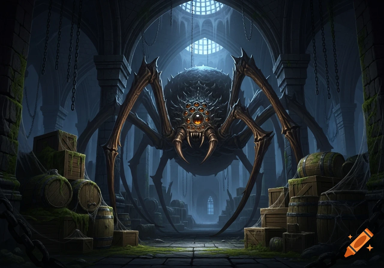 A colossal, monstrous spider with multiple glowing eyes in a dark, vaulted stone dungeon filled with mossy barrels, crates, and hanging chains.