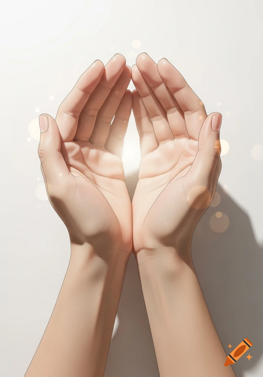 Two hands cupped together, palms open, glowing brightly with bokeh effects against a white background.