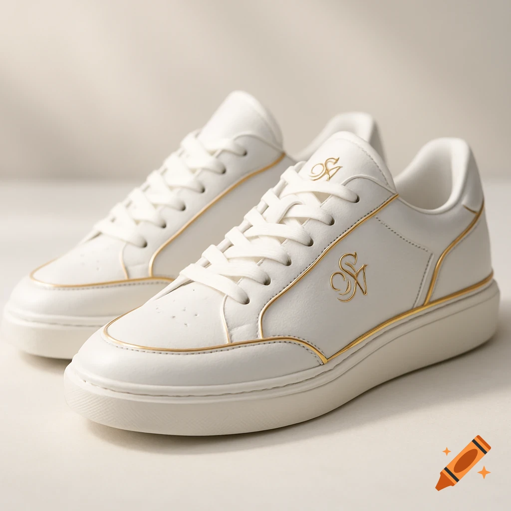 A pair of white sneakers with gold accents and a stylized golden SN logo on a plain white background.