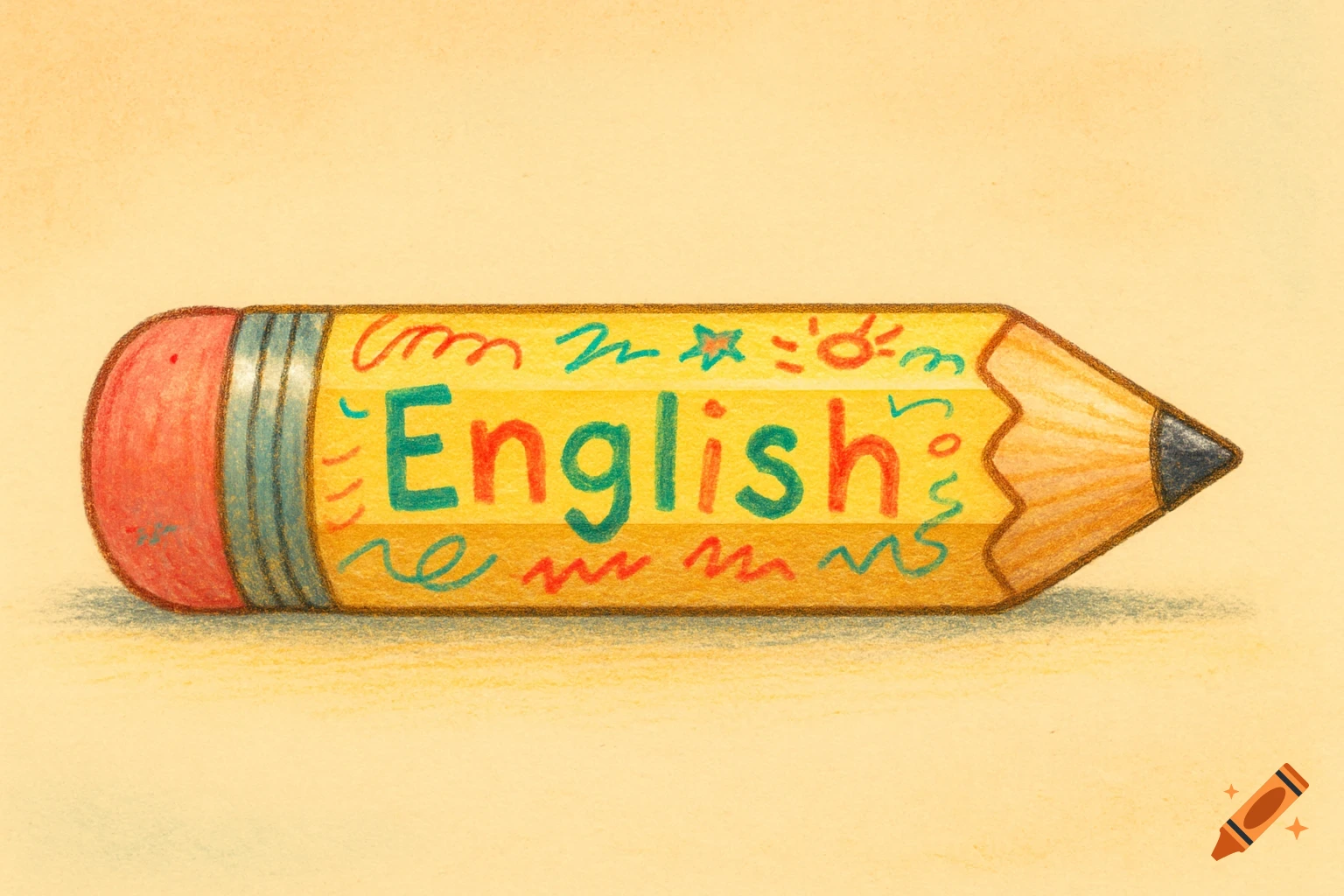 A horizontal yellow pencil with a red eraser and a black tip, displaying the word "English" in green and red letters. The image has a childlike colored pencil illustration style on a light yellow background.