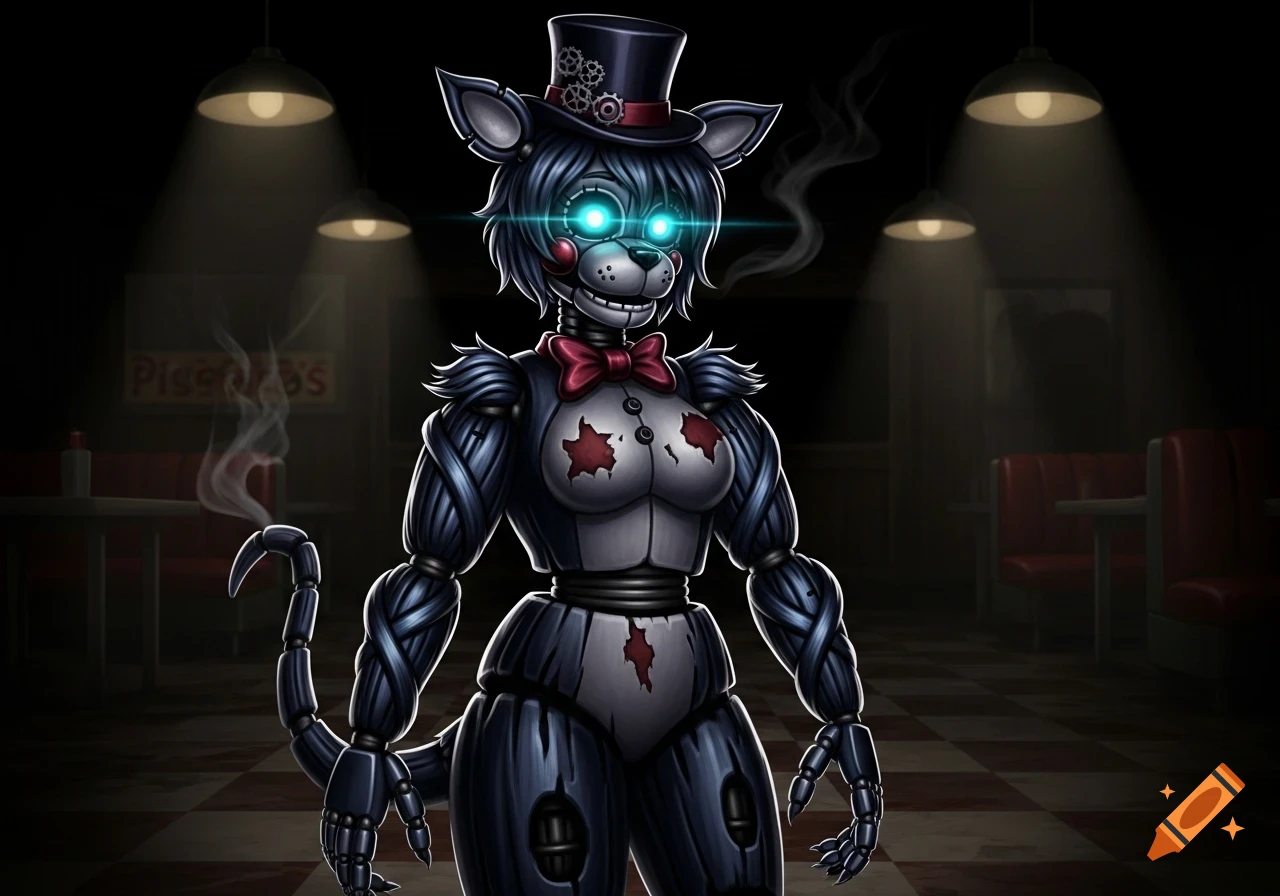 A stylized blue and white animatronic cat character with glowing blue eyes, a top hat, and red bow tie, stands in a dark diner.