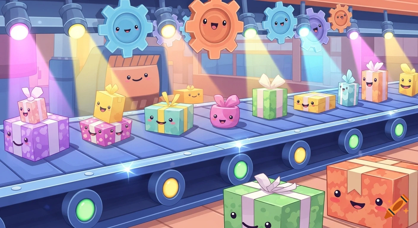 A cheerful cartoon factory with a conveyor belt carrying colorful gift boxes with happy faces, under spotlights.