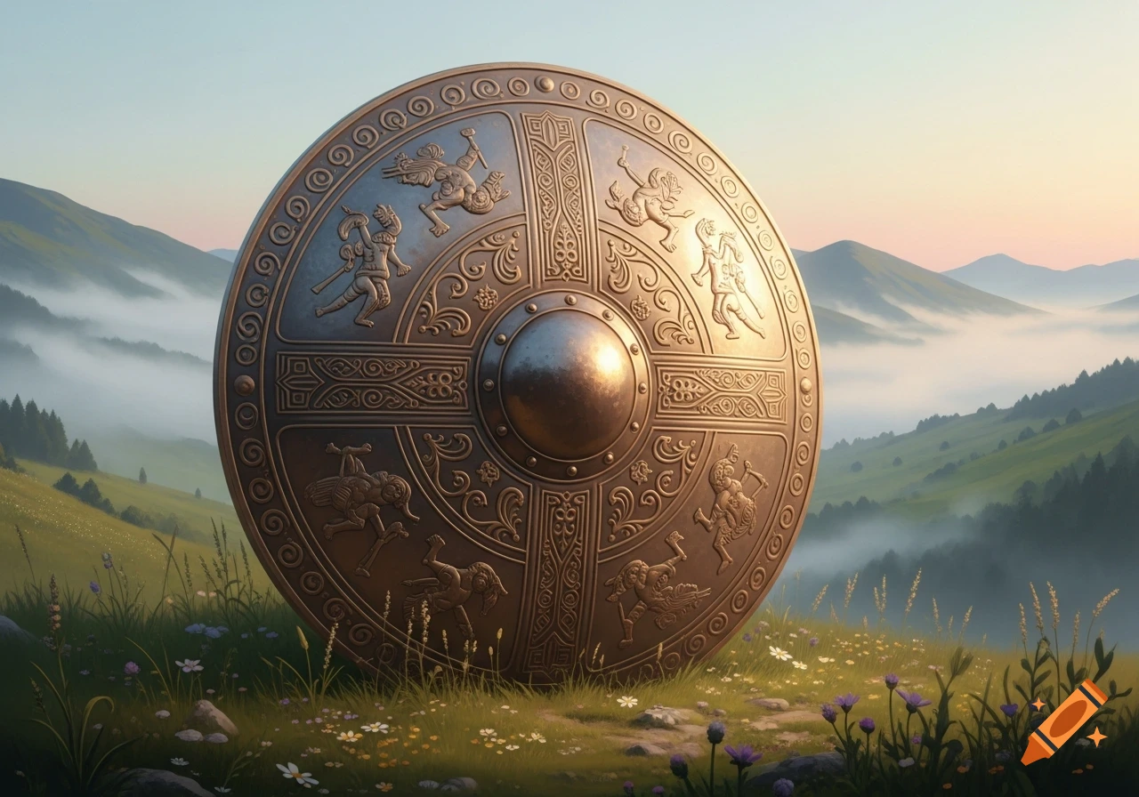 An ornate, round bronze shield with embossed mythological figures stands upright in a lush green meadow with misty mountains in the background at sunrise.