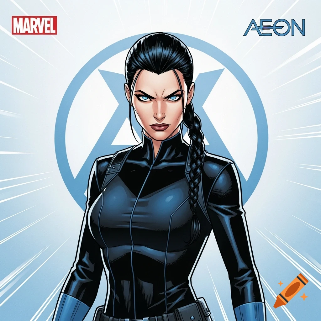 Comic book illustration of a woman with dark braided hair and intense blue eyes, wearing a black tactical suit, with Marvel and AEON logos.