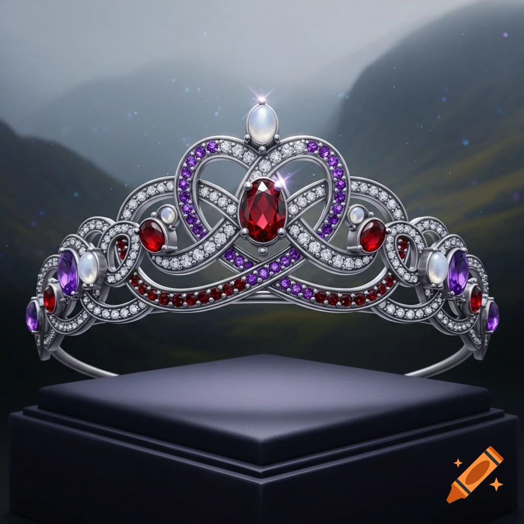 A sparkling silver tiara adorned with red, purple, and white gems, featuring an intricate Celtic knot design, displayed on a black stand against a misty mountain background.