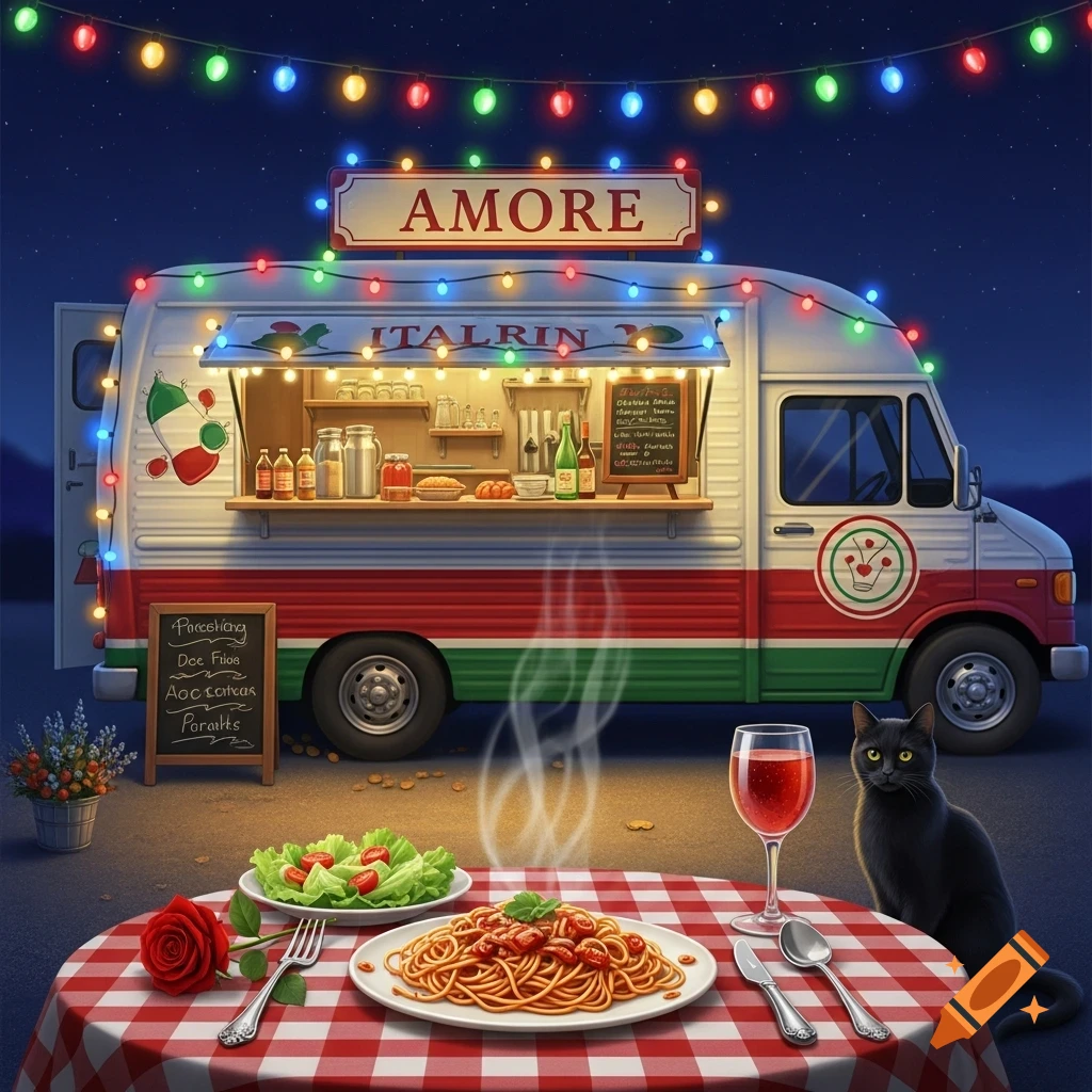An Italian food truck with colorful string lights at night, next to a checkered table with steaming spaghetti, salad, a rose, and a black cat.
