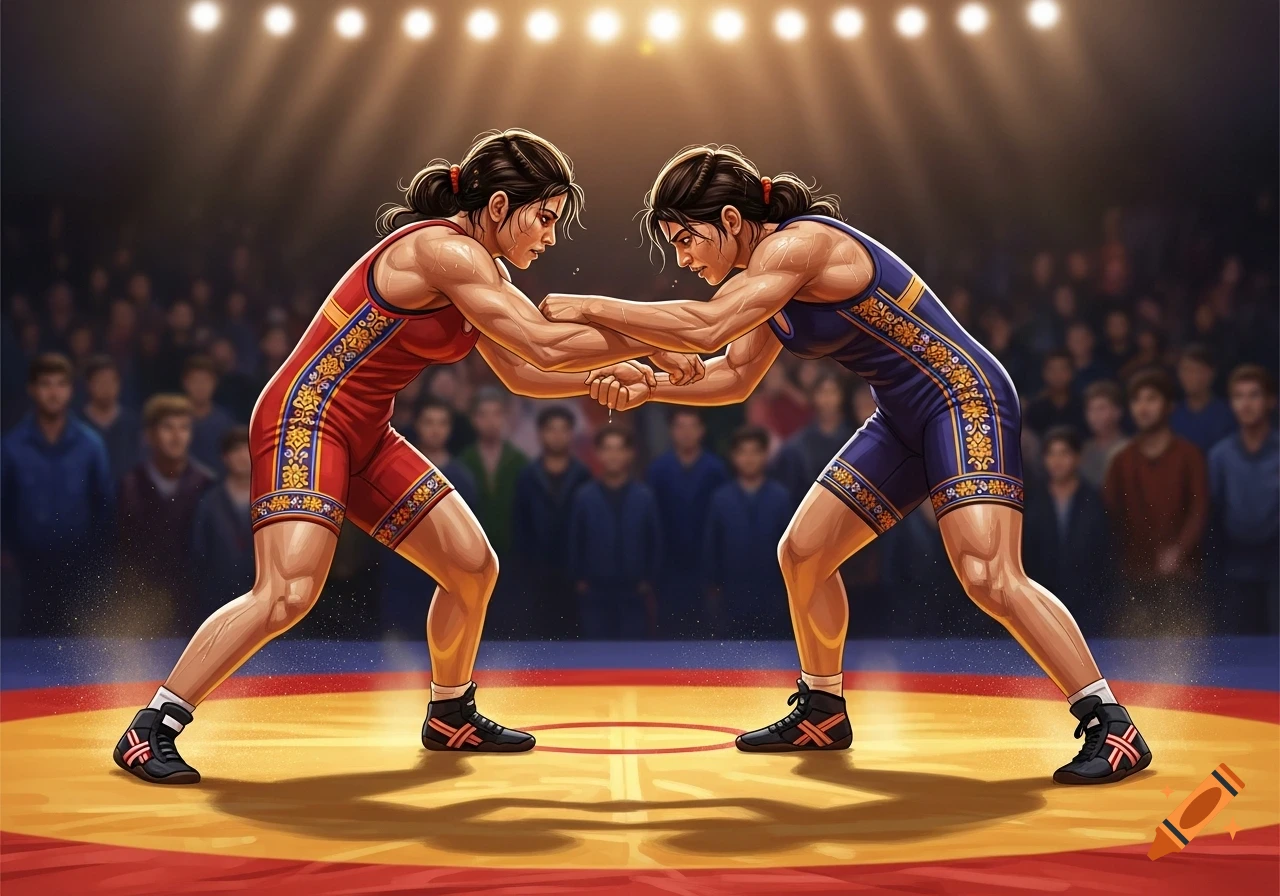 Two muscular female wrestlers grapple in a colorful, illuminated ring before a blurry audience, in an illustrative style.