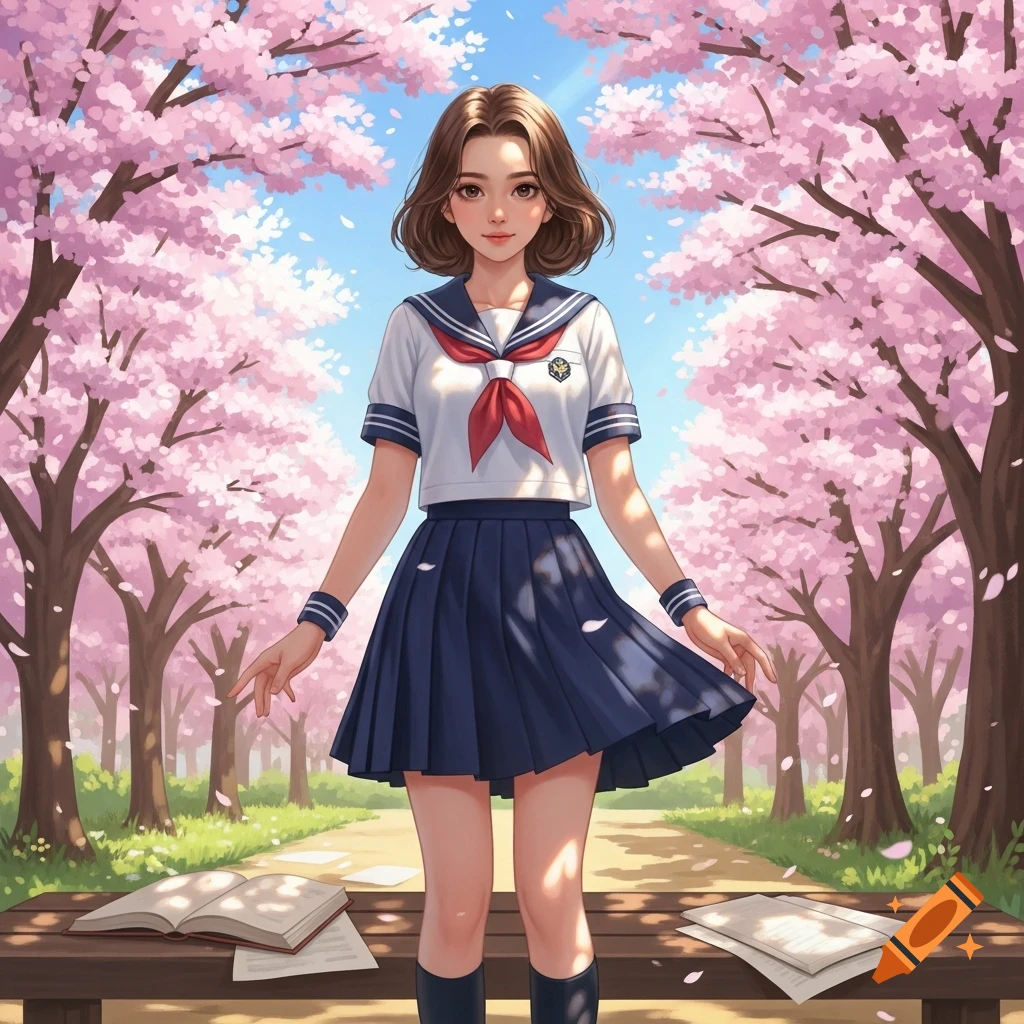 Anime schoolgirl in uniform stands under pink cherry blossom trees on a sunny day.