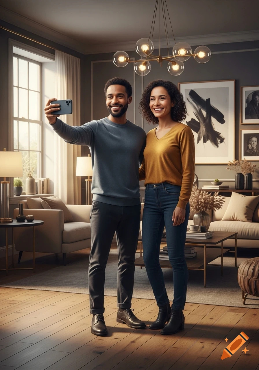 A smiling couple takes a selfie in a stylish living room with a large window and a modern chandelier.