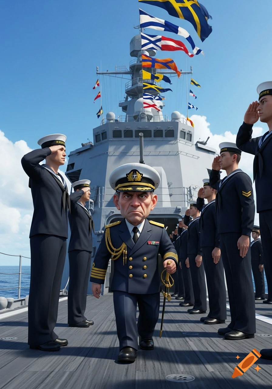 A stylized, grumpy, small captain with a sword walks on a warship deck, while several sailors in uniform salute in formation. The ship is adorned with flags.