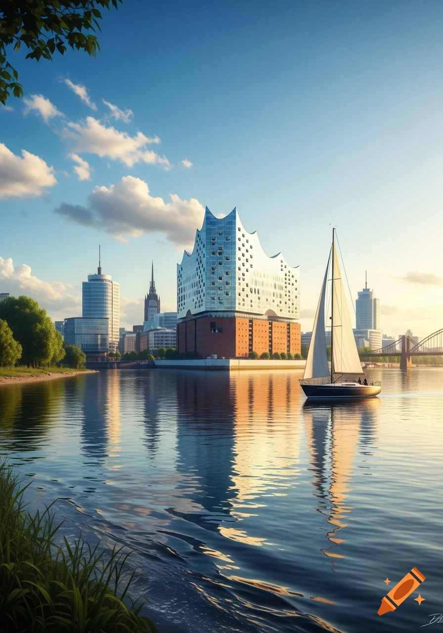 A sailboat on a river with a modern city skyline and a distinctive, wavy-roofed building under a blue sky.