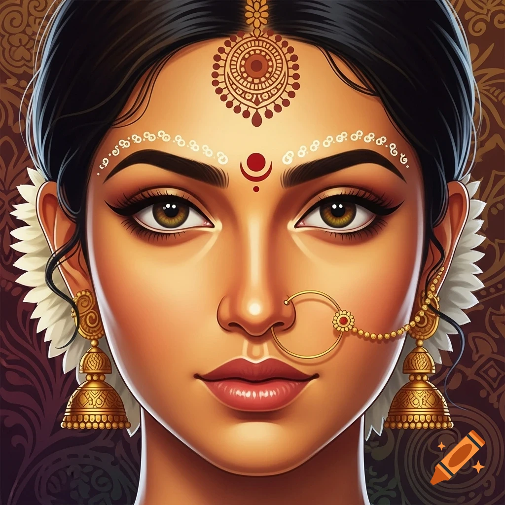 Close-up digital illustration of an Indian woman's face with intricate traditional jewelry and makeup.