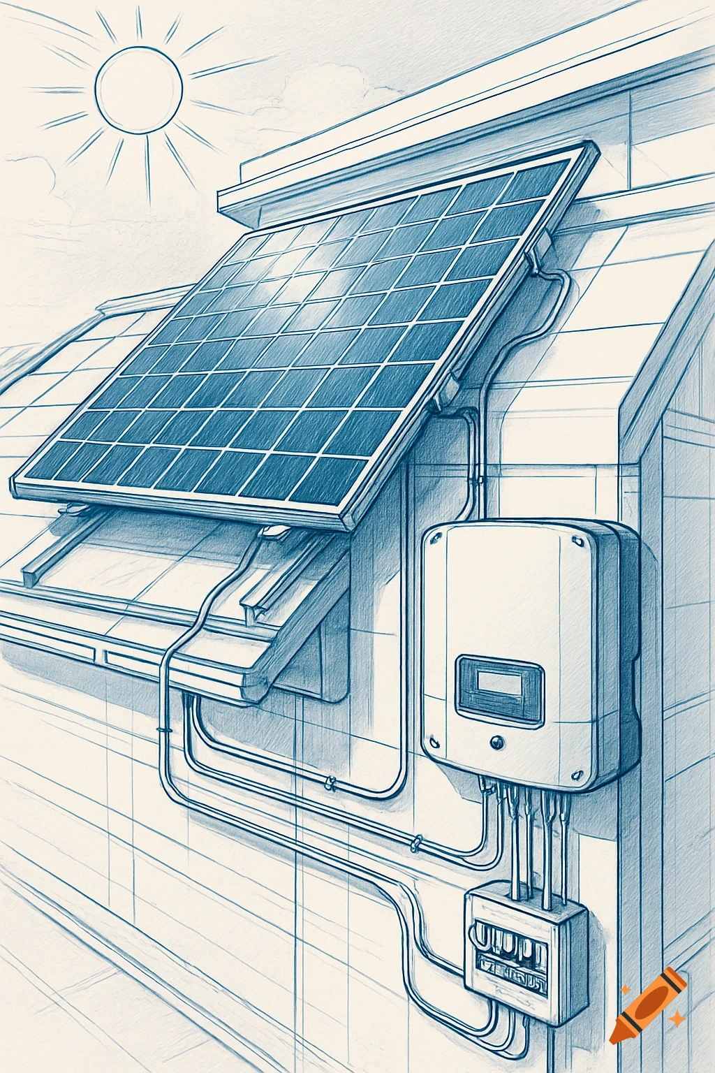 A blue line drawing of a solar panel installation on a building, showing the module, inverter, and wiring under the sun.