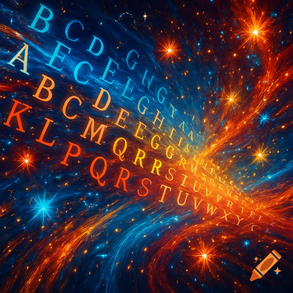 Colorful alphabet letters in blue, orange, and red hues receding into a swirling cosmic background with bright stars and light trails.