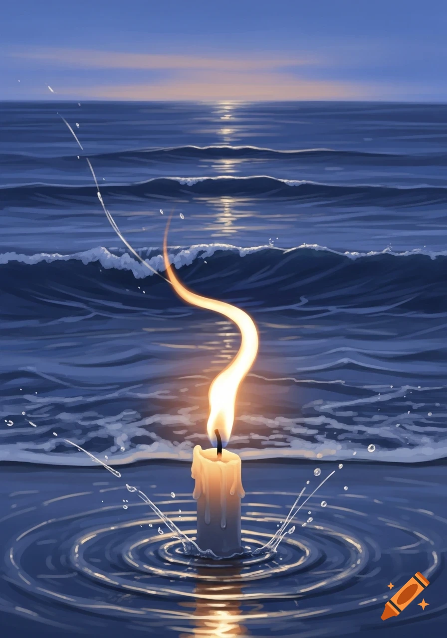 A lit candle floats on rippling water, with ocean waves and a sunset reflection in a stylized illustration.