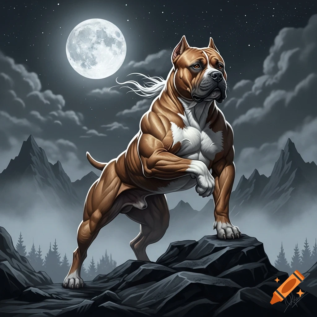 A muscular brown and white dog stands heroically on rocks under a bright full moon in a dramatic, cloudy mountain landscape.