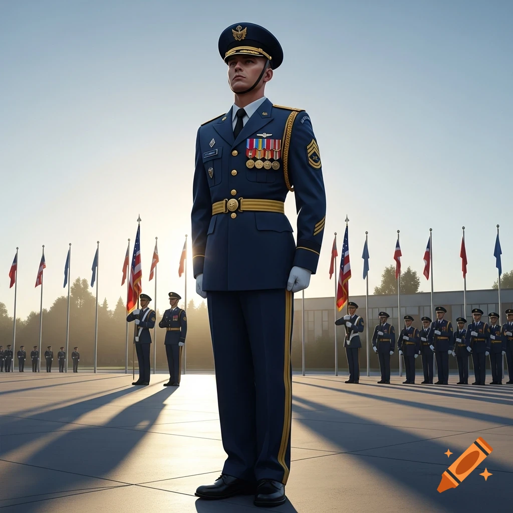 A soldier in a dark blue dress uniform stands at attention outdoors, with other soldiers and flags in the background under a bright sky.