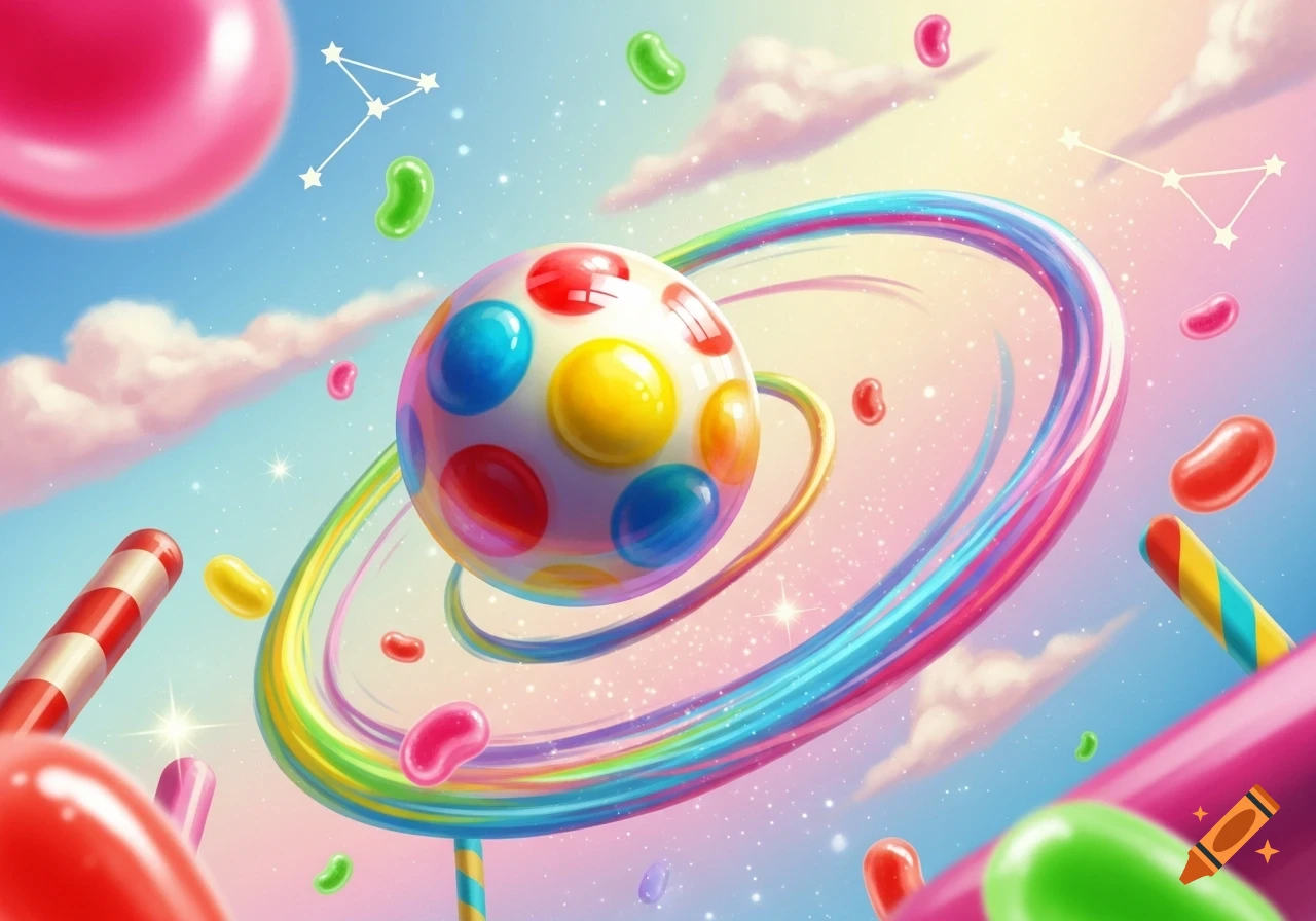 A whimsical illustration of a colorful gumball planet with a rainbow ring, floating in a sky filled with jelly beans and candy canes.