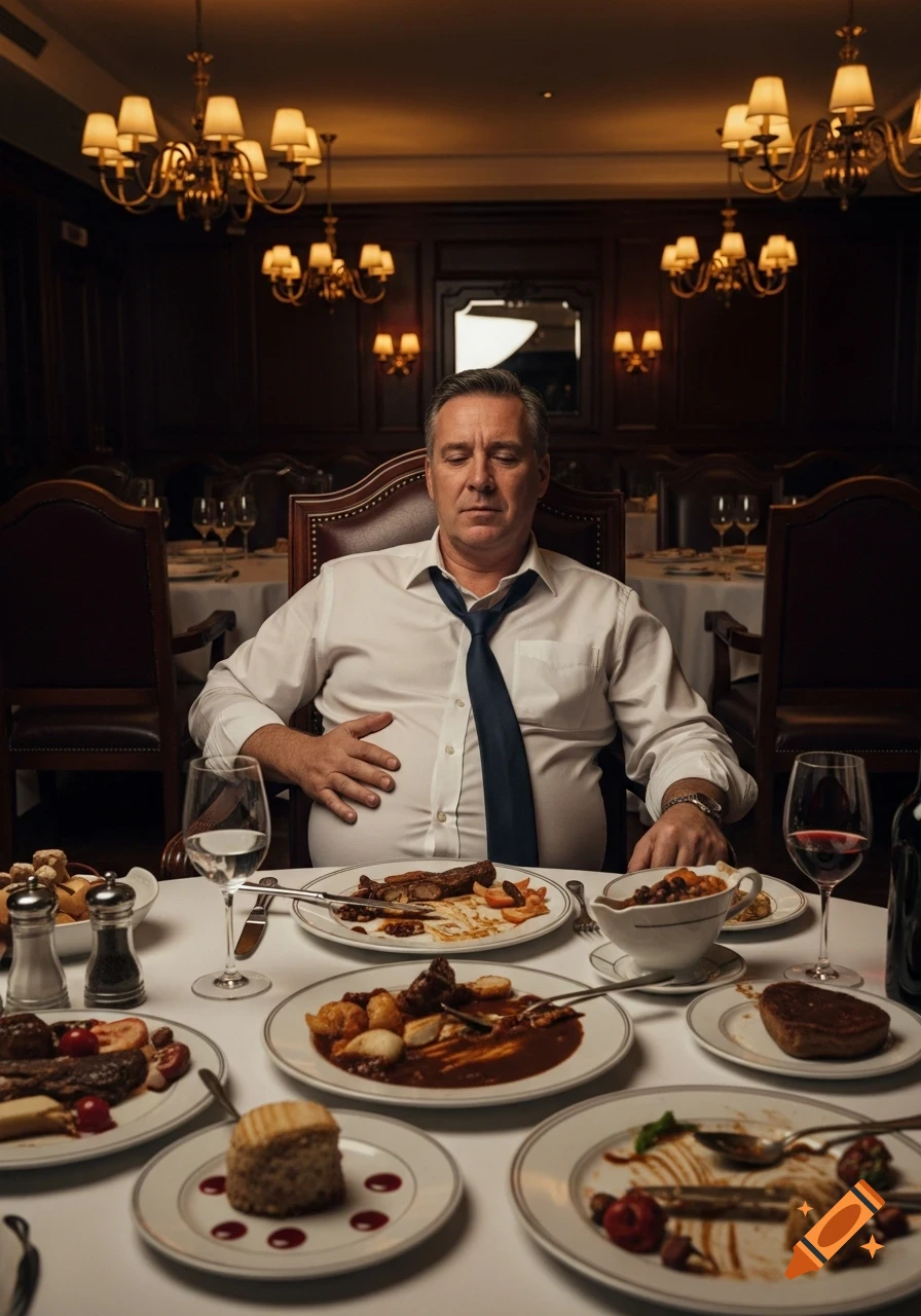 Middle-aged man in a formal restaurant, leaning back and rubbing his bloated belly after eating too much. Many plates of half-eaten food on the table.