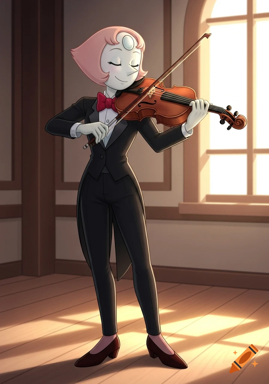 Pearl from Steven Universe, in a tuxedo and red bow tie, plays a violin with closed eyes and a smile in a cartoon style.