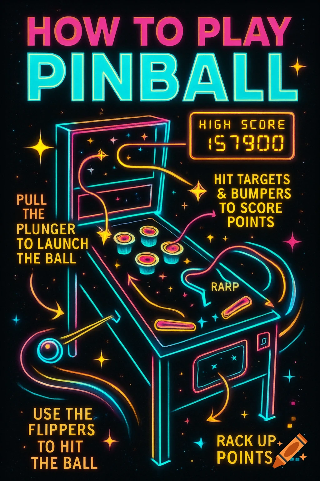 Neon style infographic on a black background showing how to play pinball, with glowing pink, blue, and yellow lines illustrating the machine's parts and game mechanics.