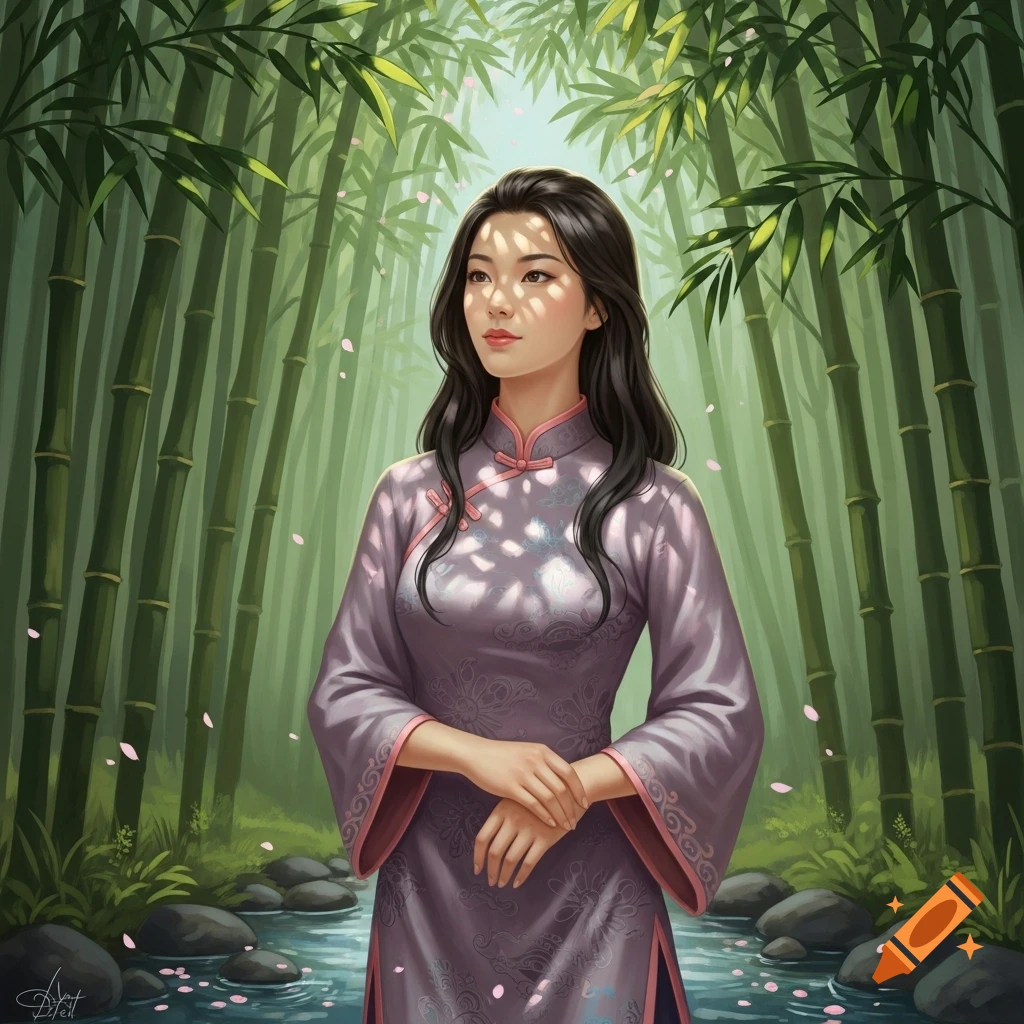 An Asian woman in a purple traditional dress stands in a bamboo forest with pink petals on a stream, digital painting.