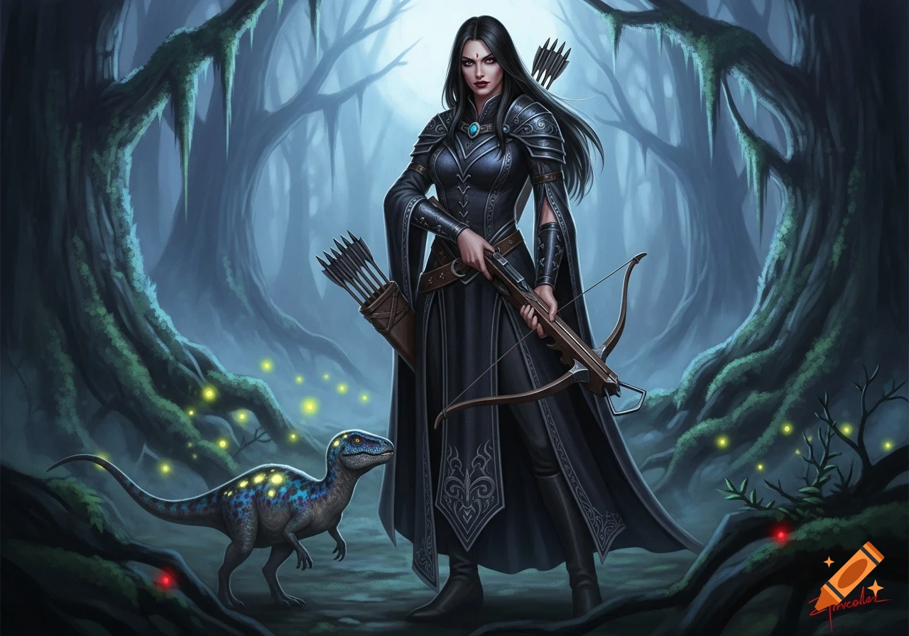 A dark-haired fantasy witch holding a crossbow stands in a mystical forest with a glowing dinosaur pet. Digital painting.