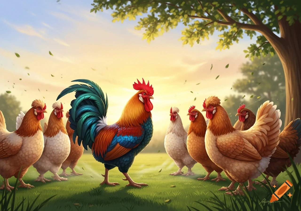 A colorful rooster stands proudly facing a group of hens in a sunlit grassy field with a tree in the background, illustrated in a vibrant style.