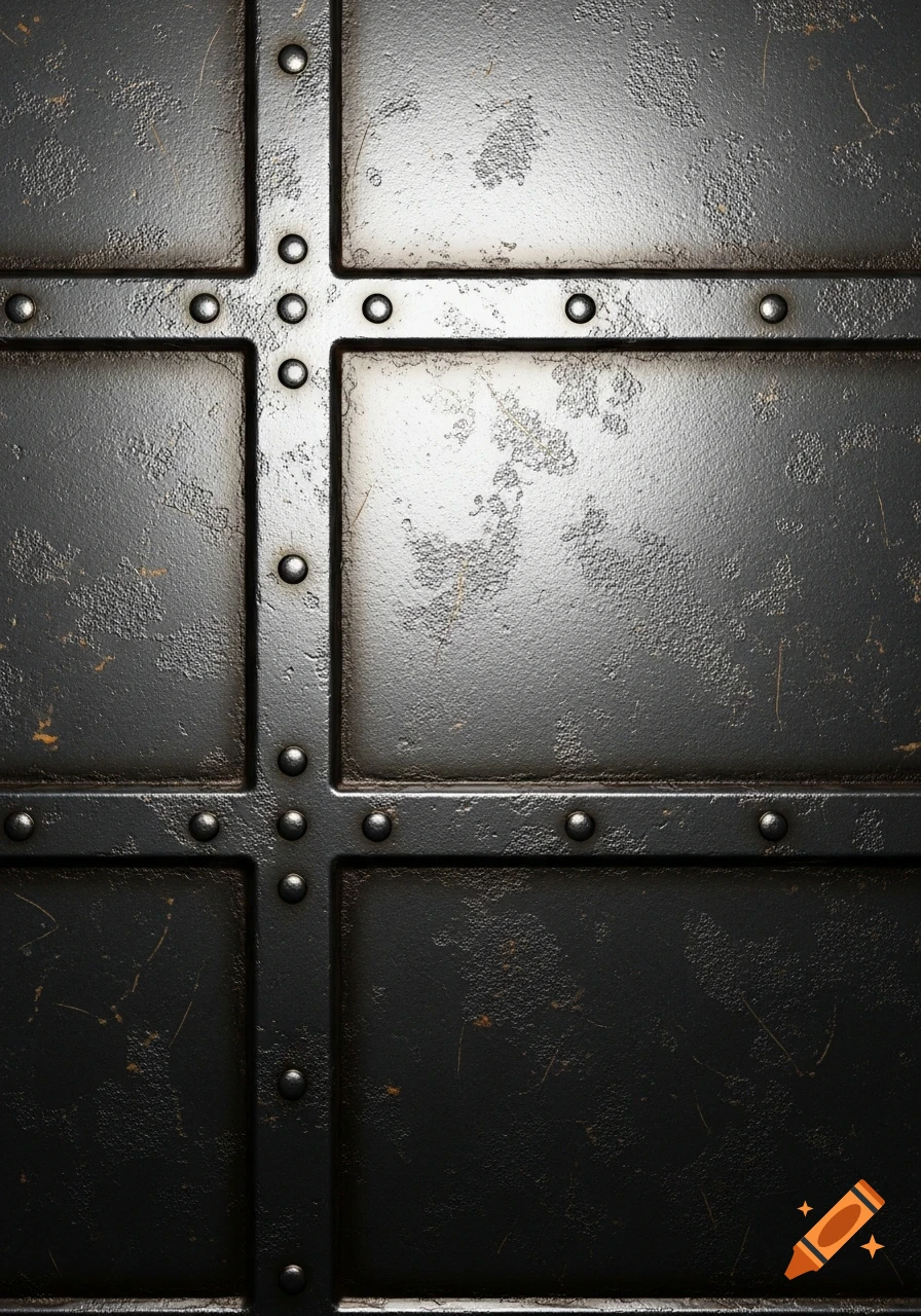 Dark, distressed metal surface with a riveted grid pattern.