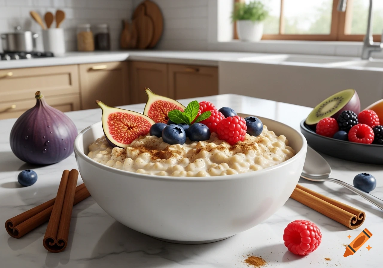 A bowl of oatmeal porridge topped with figs, blueberries, raspberries, and cinnamon in a modern kitchen.
