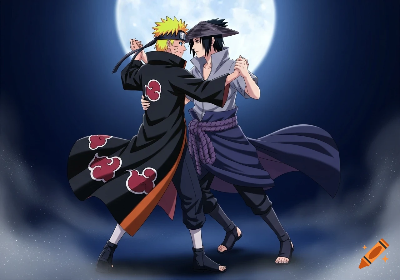Two anime characters resembling Naruto and Sasuke dance a tango under a full moon in a dark night setting.