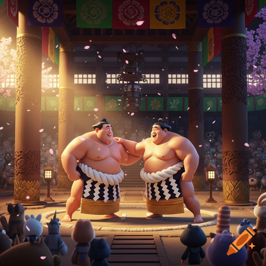 Two smiling cartoon sumo wrestlers in a stylized Japanese arena with cherry blossoms and a cute creature audience.