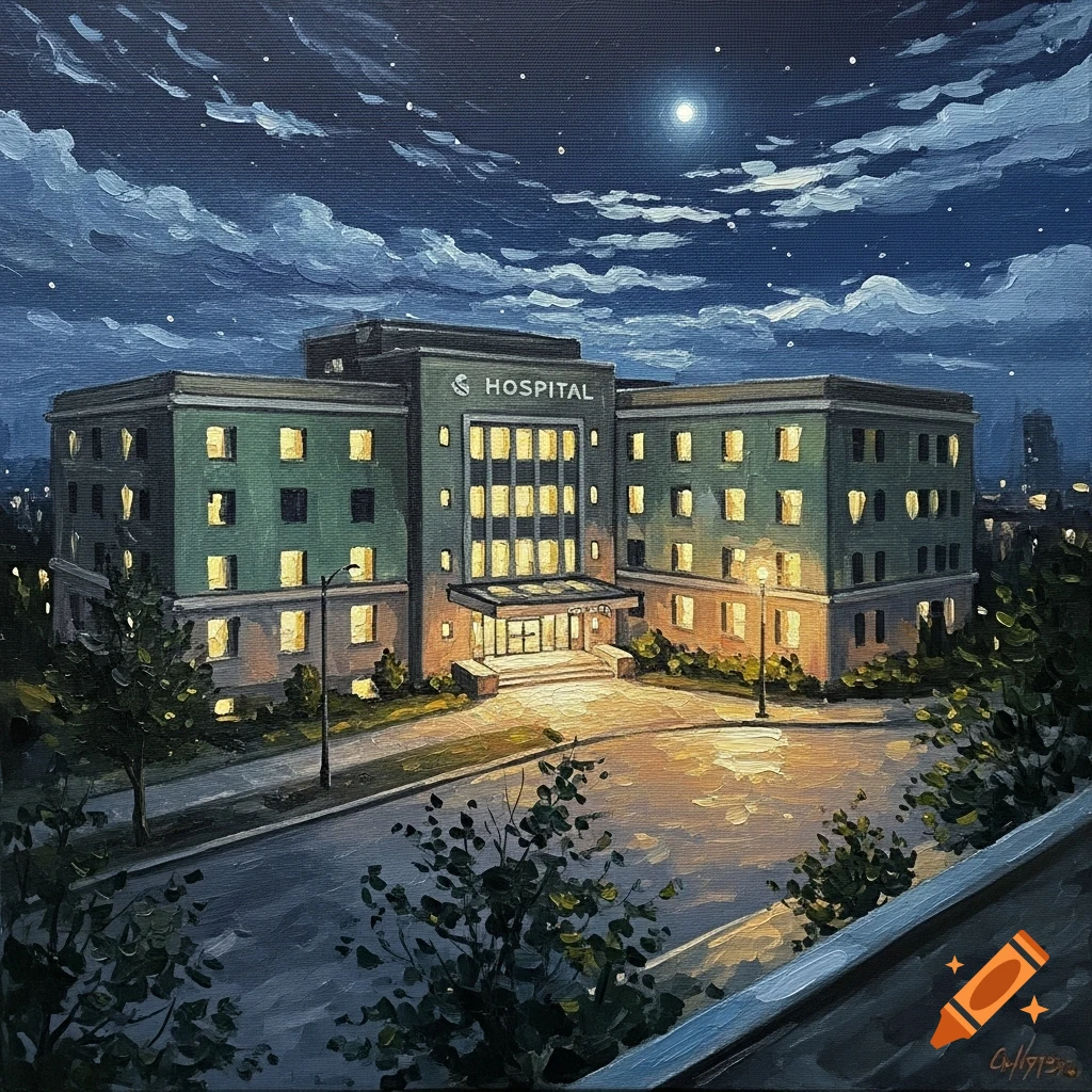 Impressionist painting of a hospital at night with illuminated windows under a starry sky and full moon.