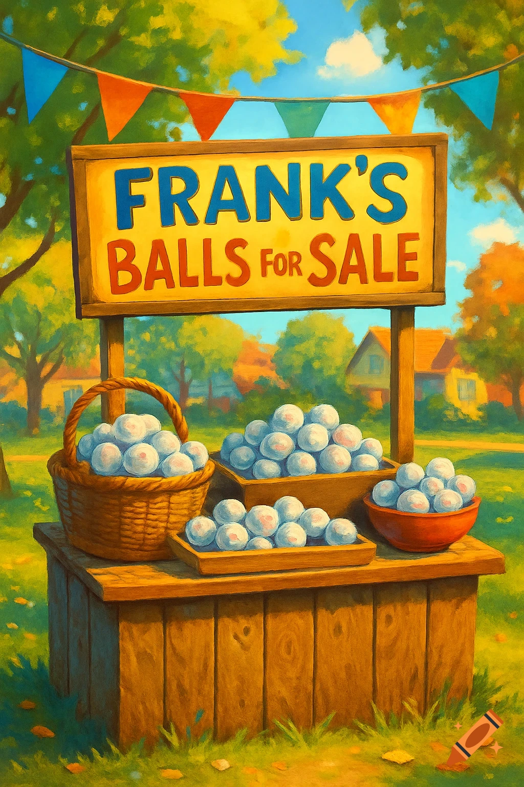 A colorful, painterly image of a wooden stand with a sign reading "Frank's Balls for Sale", selling white golf balls in baskets and bowls.