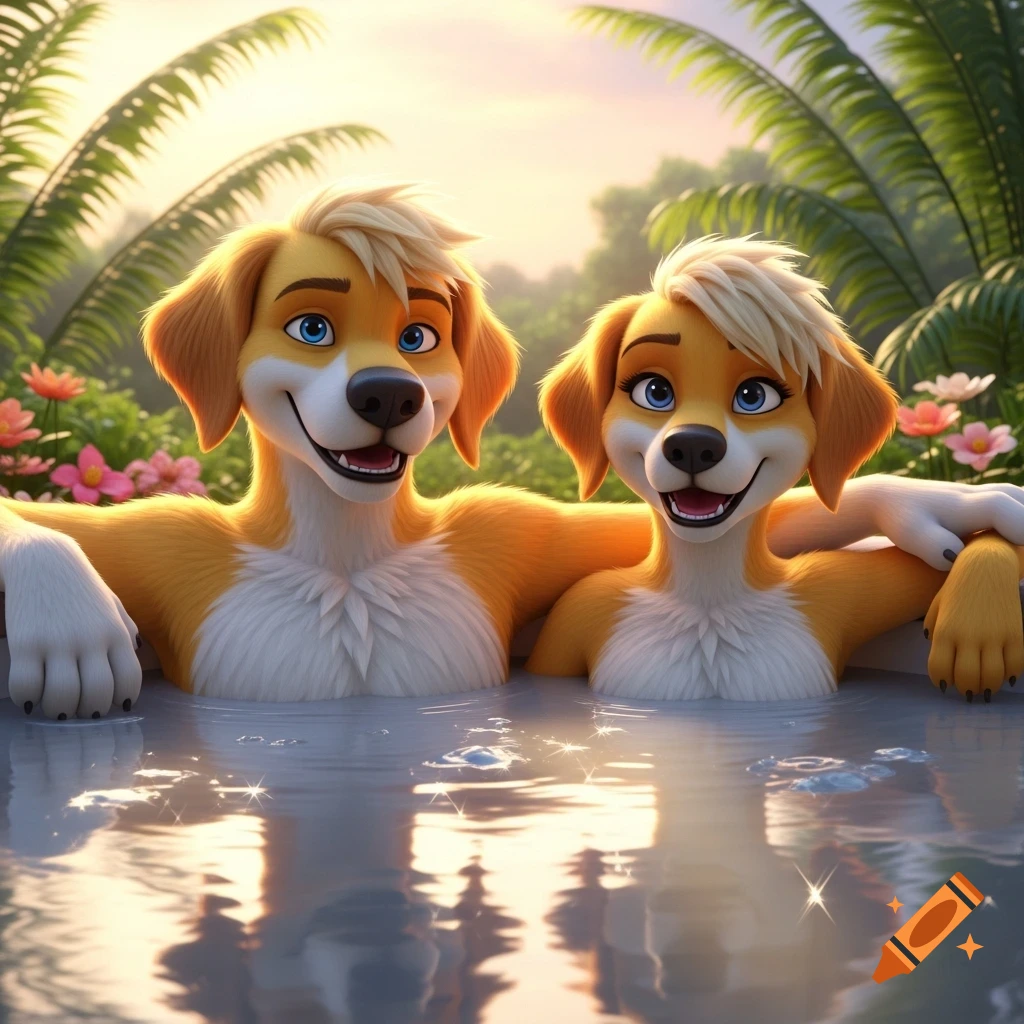 A happy anthropomorphic retriever dog couple in a hot tub with tropical plants in a 3D animation style.
