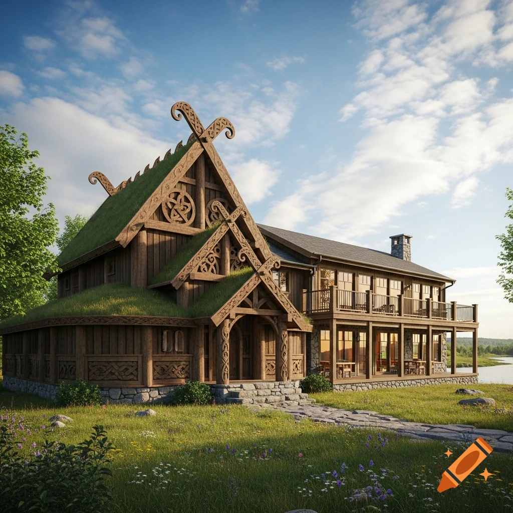 A unique house blending Viking and ranch styles, with a grassy roof and intricate carvings, set by a river under a blue sky.