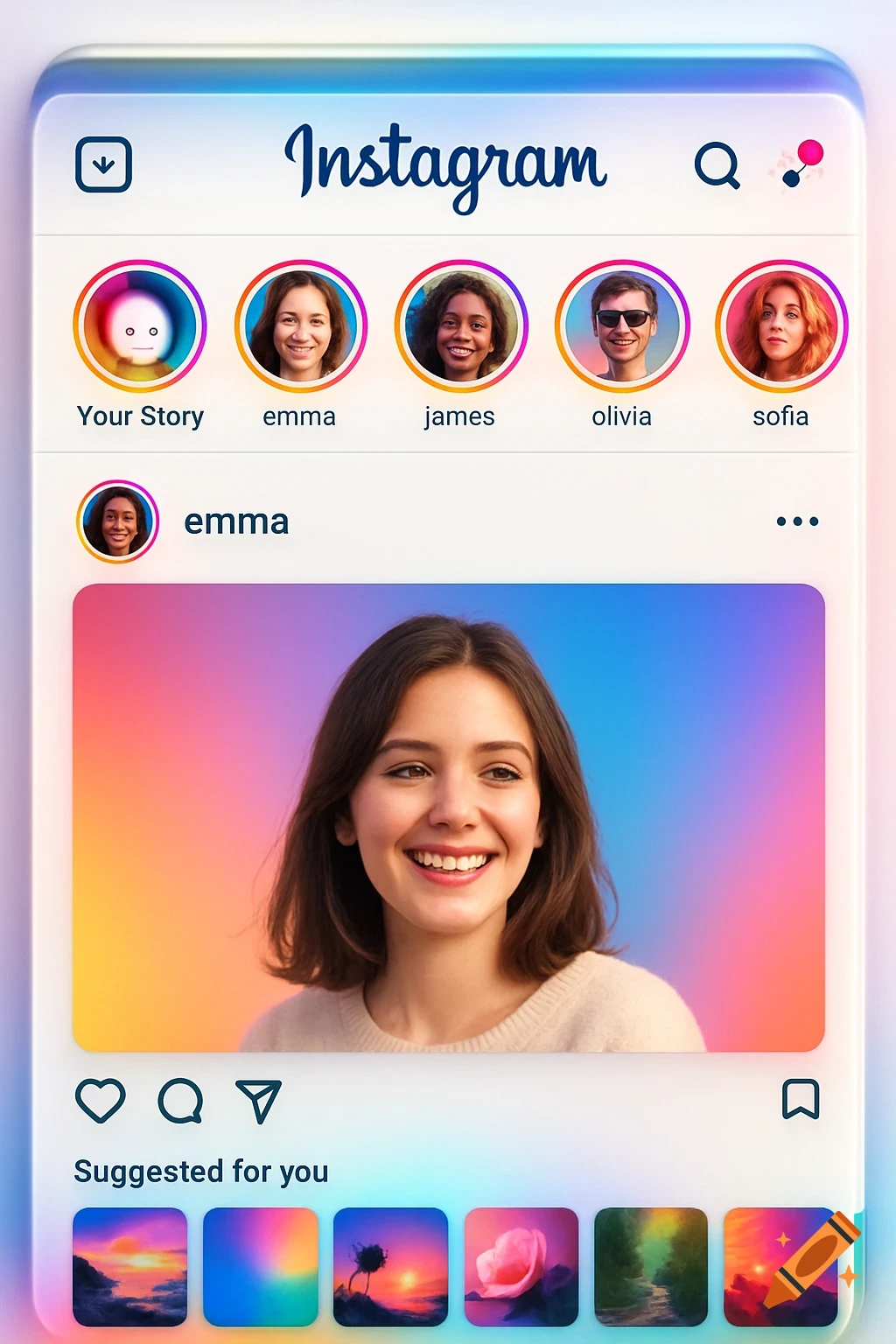 A mock Instagram homepage showing a post of a smiling woman, with user stories and suggested content.