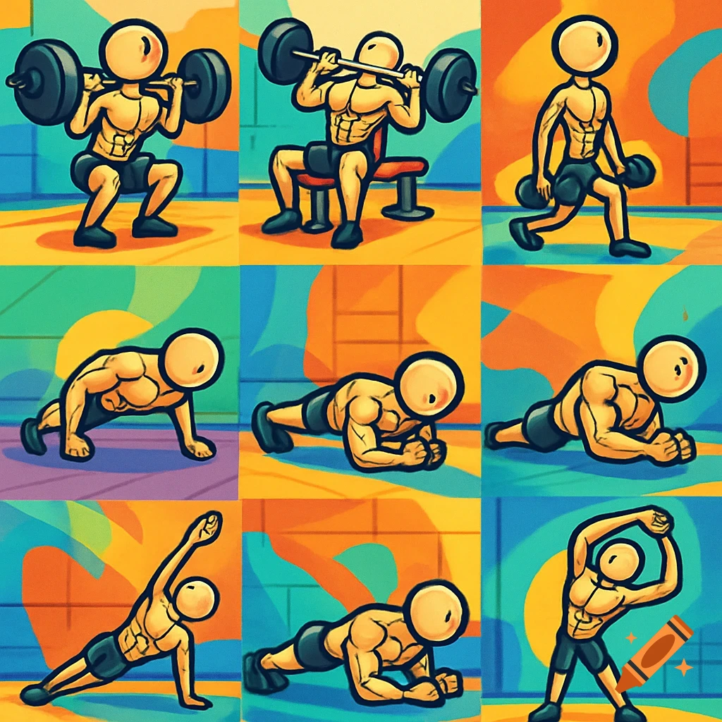 A grid of 9 cartoon muscular stick figures doing various exercises like squats, bench press, lunges, push-ups, planks, and stretches, with colorful abstract backgrounds.