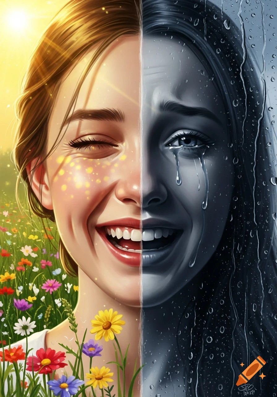 Digital art of a woman's face split in half: one side smiling in sunlight with flowers, the other crying in rain.
