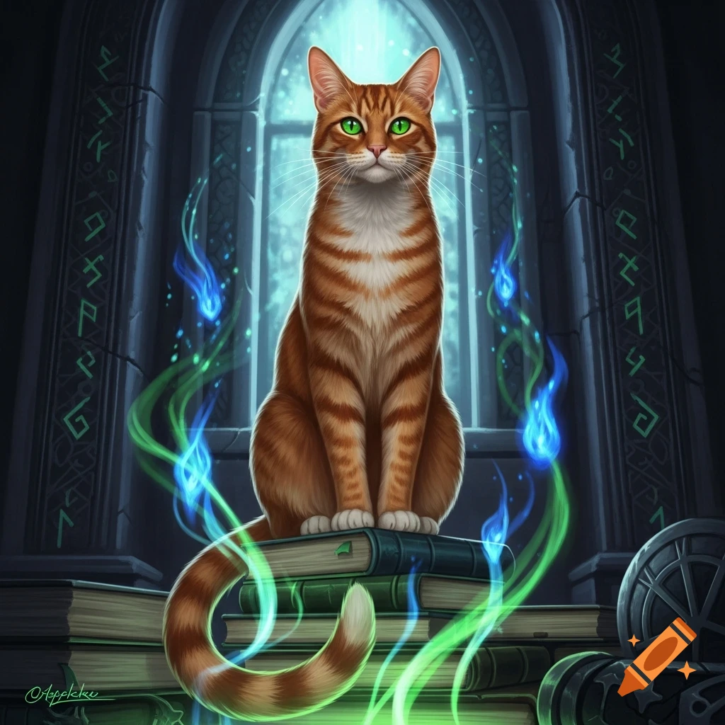 An orange tabby cat with vivid green eyes sits on a stack of books ...