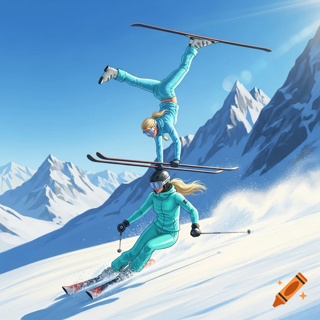 Two blonde women skiing down a snowy mountain. One skier does a handstand on the other's skis, depicted in a bright, dynamic illustration.
