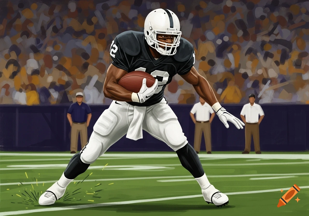 An illustration of an American football player in a black jersey, white helmet, and white pants running with the ball on a green field in a stadium.