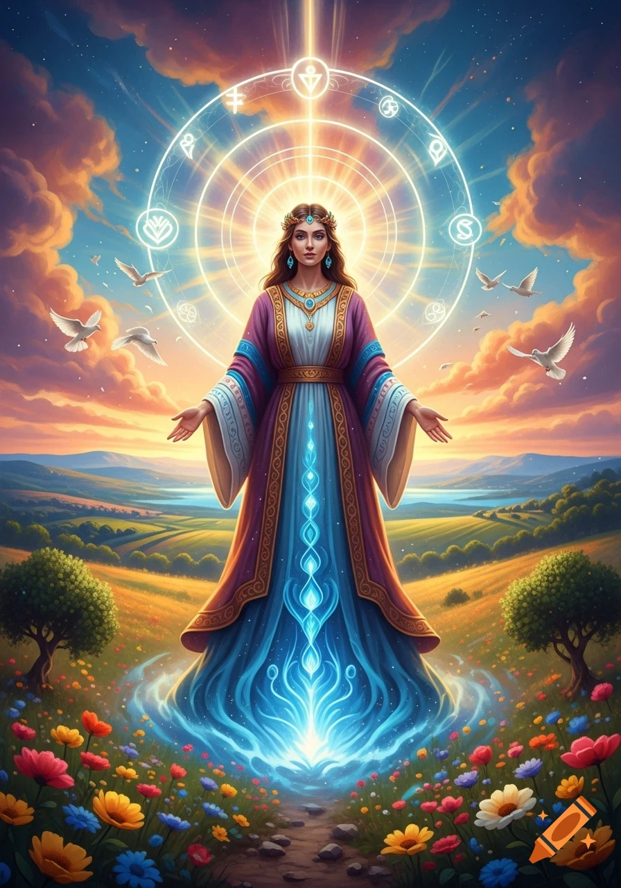A divine goddess radiating celestial light in a vibrant, surreal heavenly landscape with rolling hills, flowers, and doves.