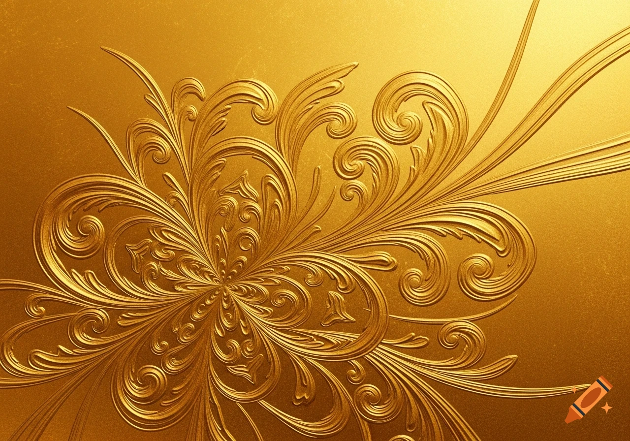 Ornate embossed golden floral and scrollwork pattern on a textured gold background.